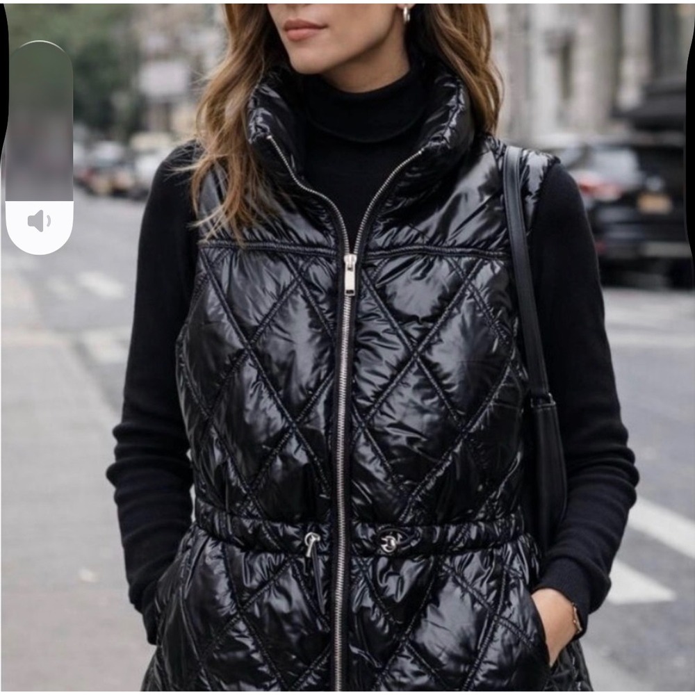 Michael Kors Quilted Puffer Vest Women Large Black Shiny Streetwear Luxe Winter